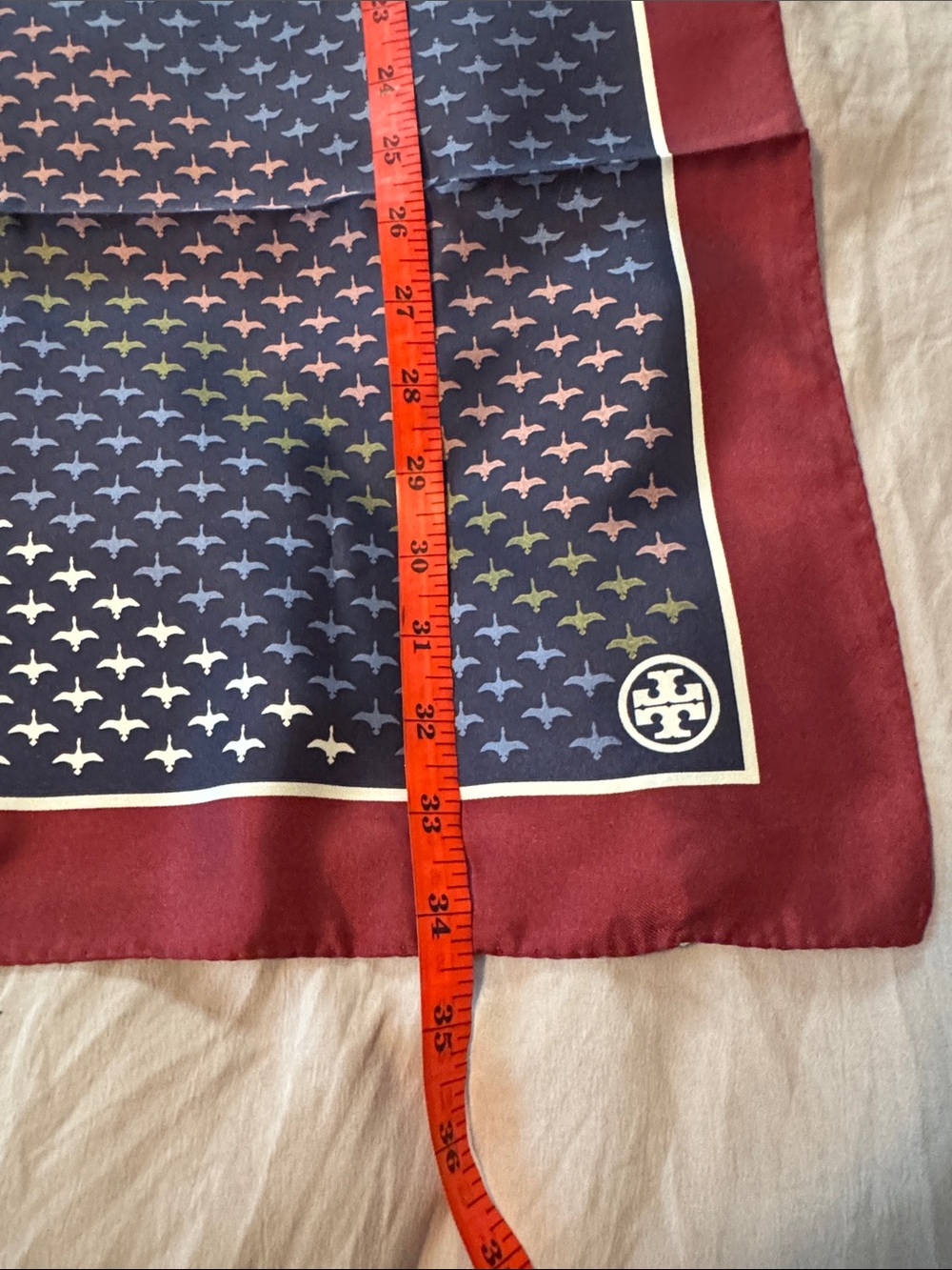 Tory Burch Navy and Burgundy Silk Logo-Motif Scarf - Picture 6 of 8